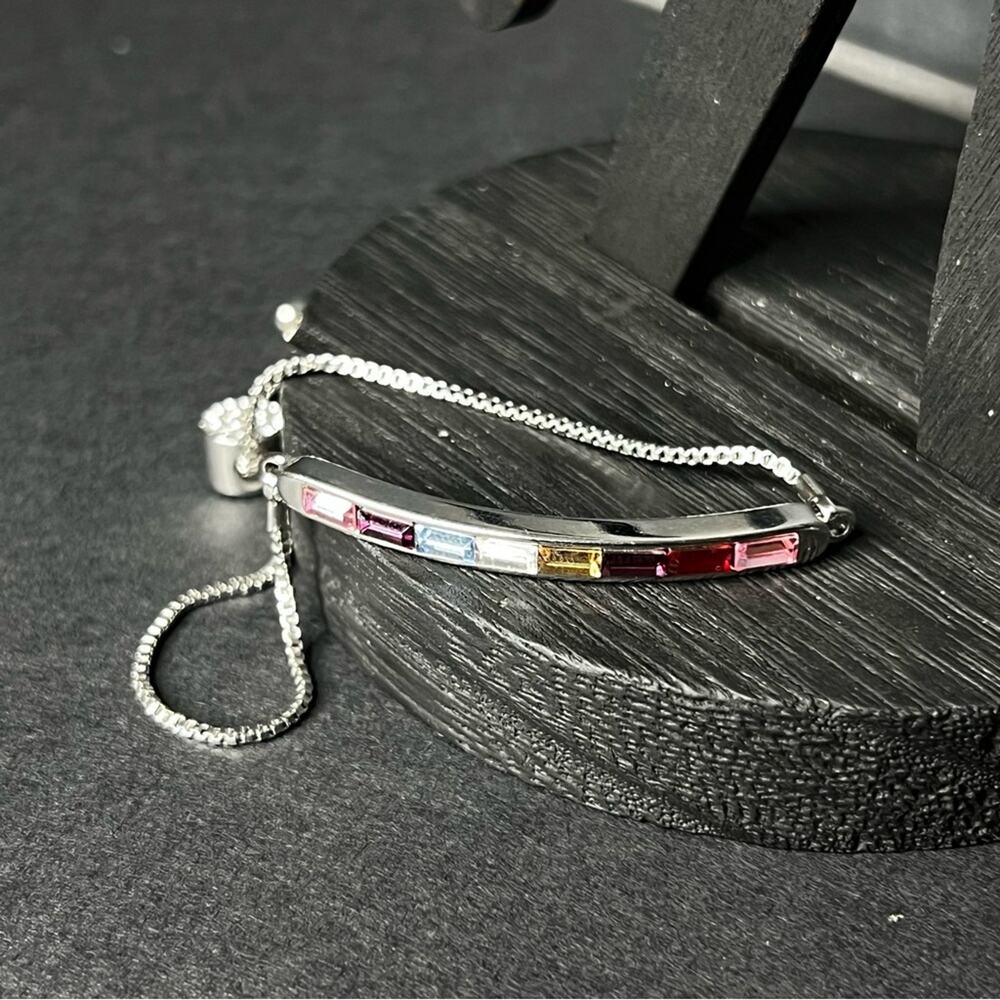 IBB CN Silver Tone Box Chain Rainbow Crystal Bar Bracelet Sterling Silver